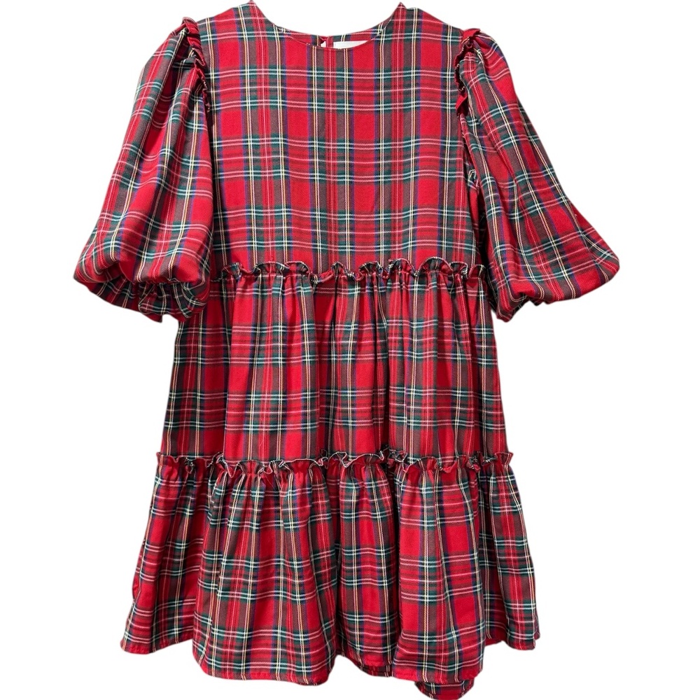 Tartan Plaid Tiered Ruffle Puff Sleeve Dress